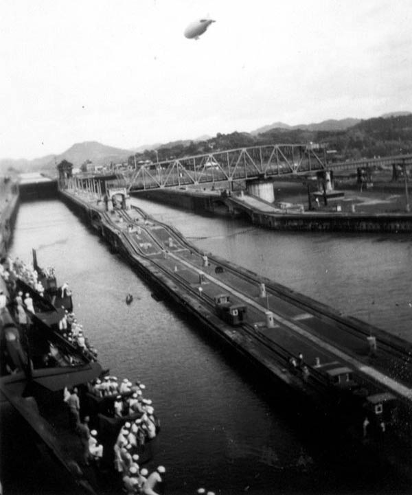 Interesting view of Panama Canal locks, photographed from Enterprise CV-6's island.