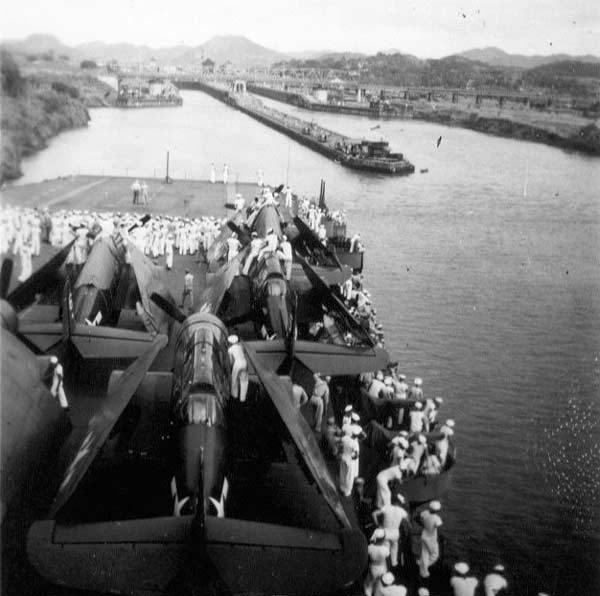 Enterprise CV-6 approaches locks in the Panama Canal, as she transits to the Atlantic, October 1945.